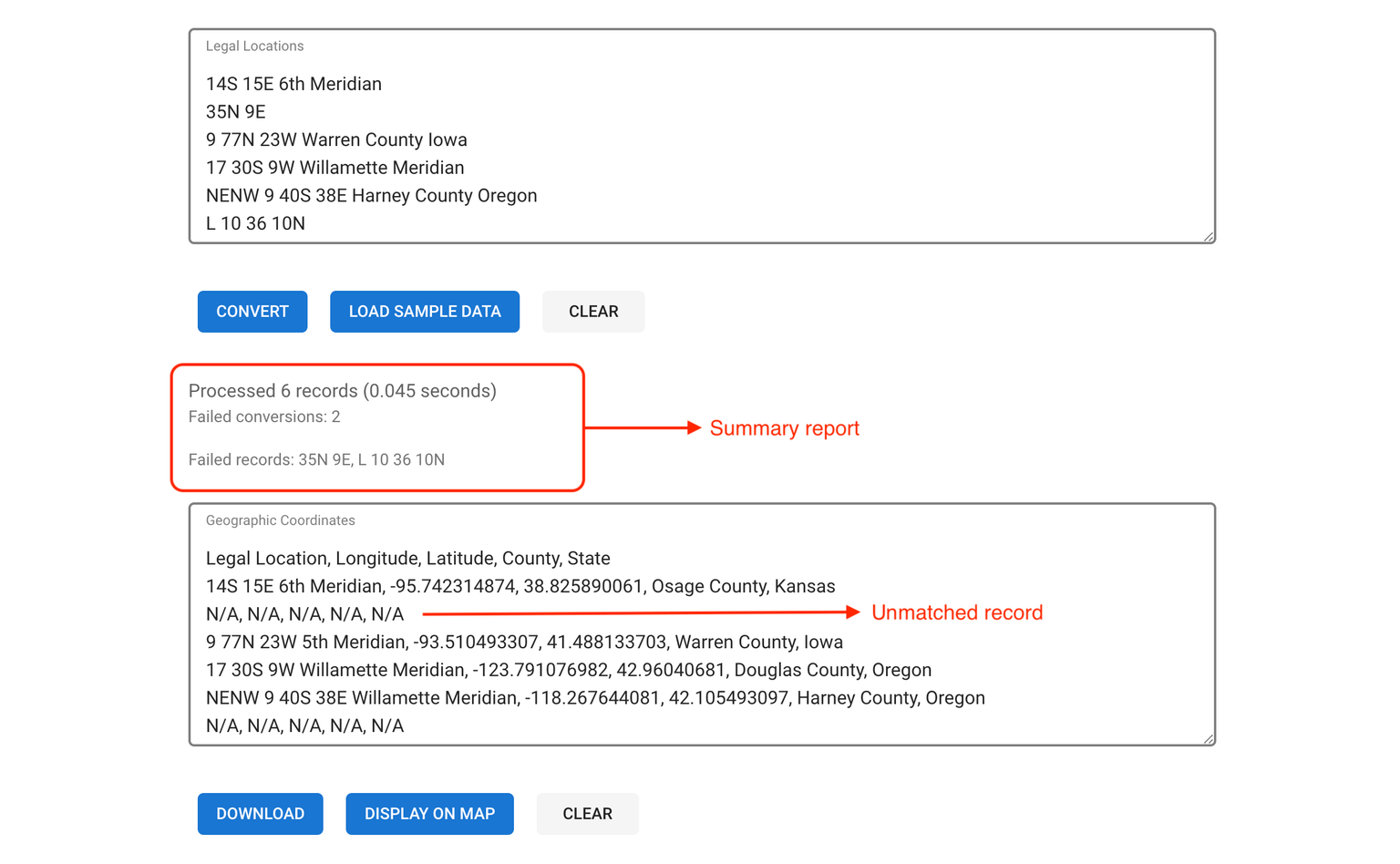 Township America's updated Batch Conversion Tool with data processing report and 'N/A' placeholders for unmatched records