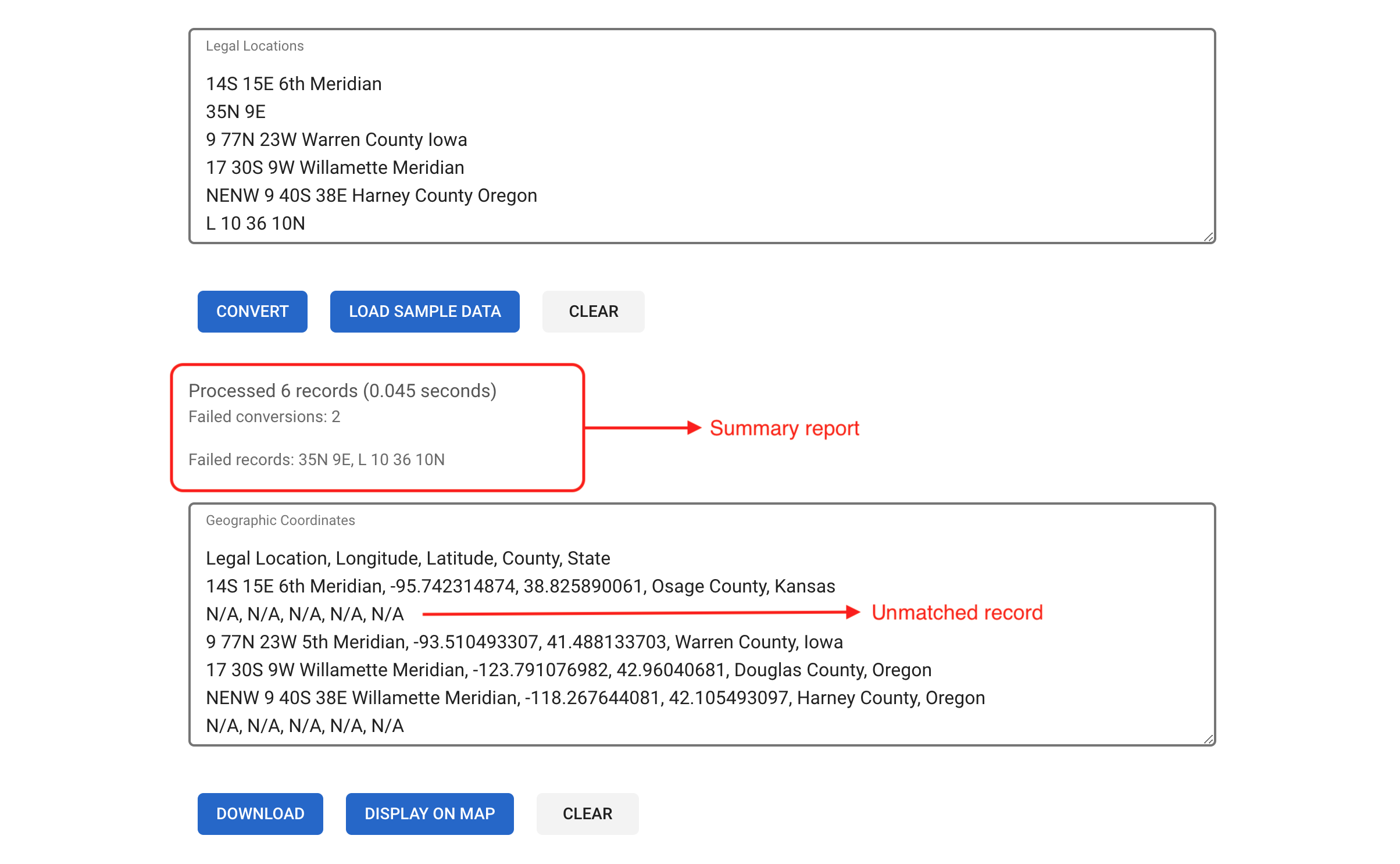 Township America's updated Batch Conversion Tool with data processing report and 'N/A' placeholders for unmatched records