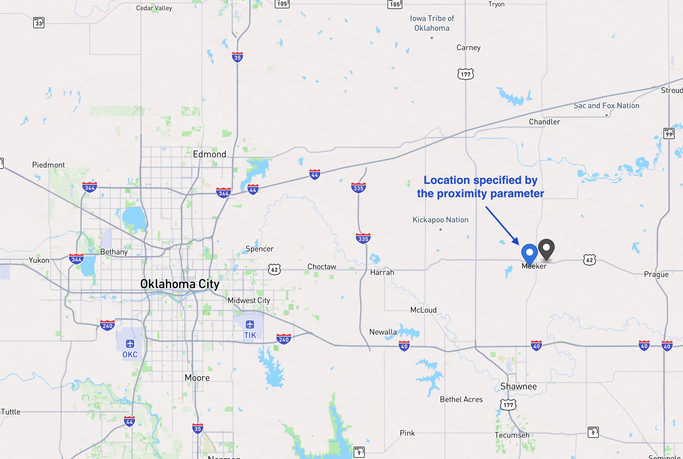 Map showing search results with the proximity parameter
